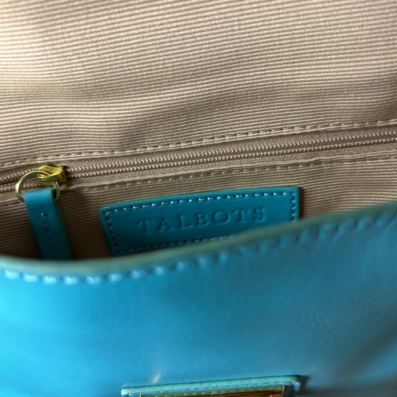 Talbots Aqua Leather and Straw Clutch Crossbody Bag Gold Chain - Picture 4 of 10